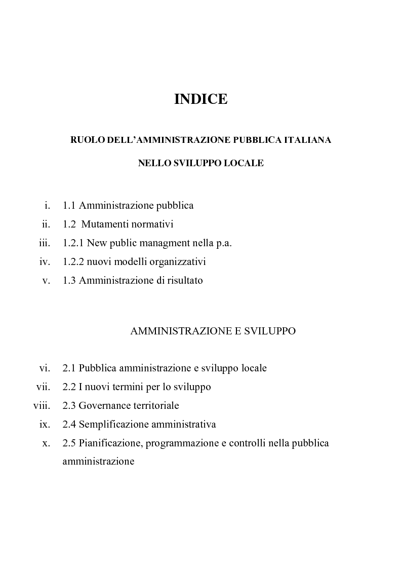 Indice della tesi: Ruolo della pubblica amministrazione nello sviluppo locale, Pagina 1