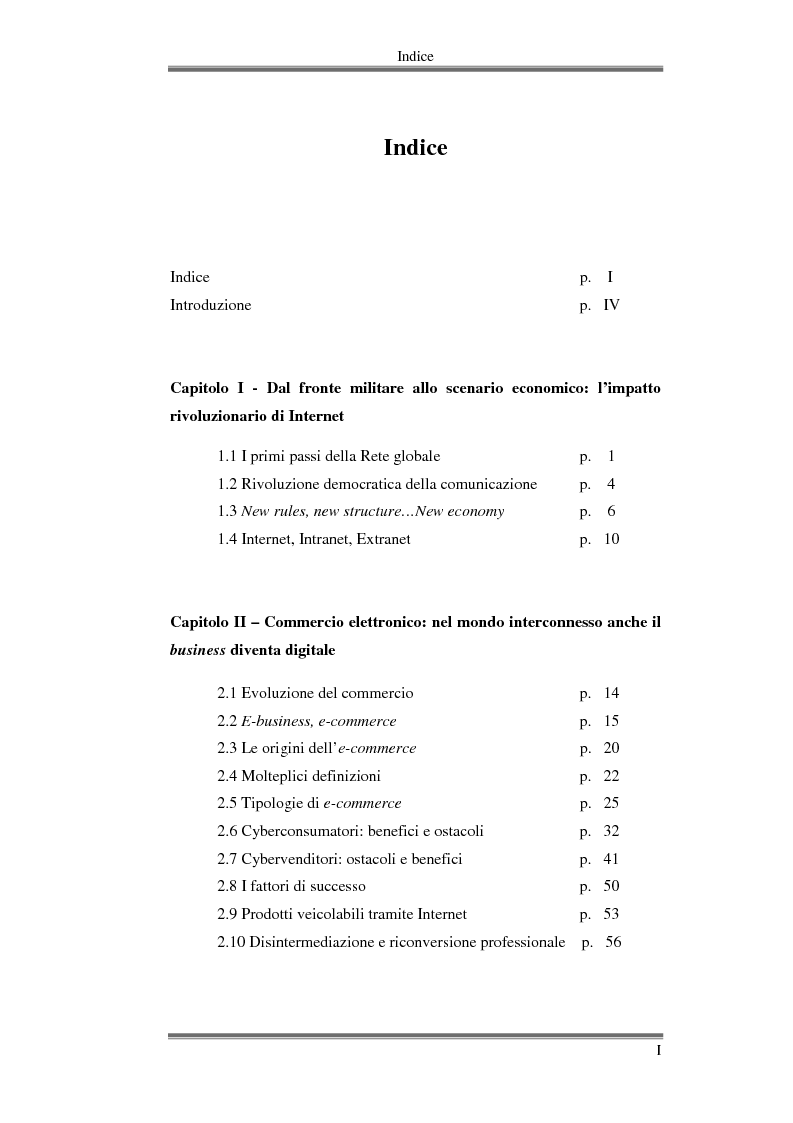 Indice della tesi: Imprese online: opportunità e limiti dell'e-commerce. Il ruolo del digital divide., Pagina 1