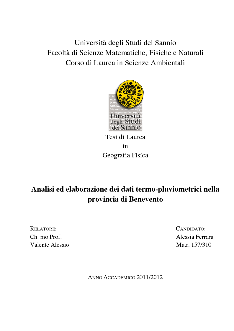 Anteprima della tesi: Analisi ed elaborazione dei dati termo-pluviometrici della provincia di Benevento, Pagina 1