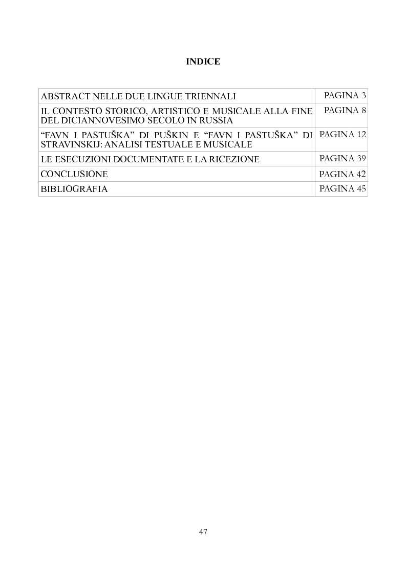 Indice della tesi: Favn' i pastuska Ovvero, dell’ascoltare Stravinskij, e del leggere Puskin, Pagina 1