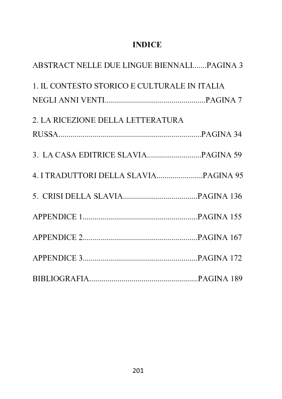 Indice della tesi: Il ruolo della casa editrice Slavia nella diffusione della letteratura russa in Italia negli anni Venti, Pagina 1