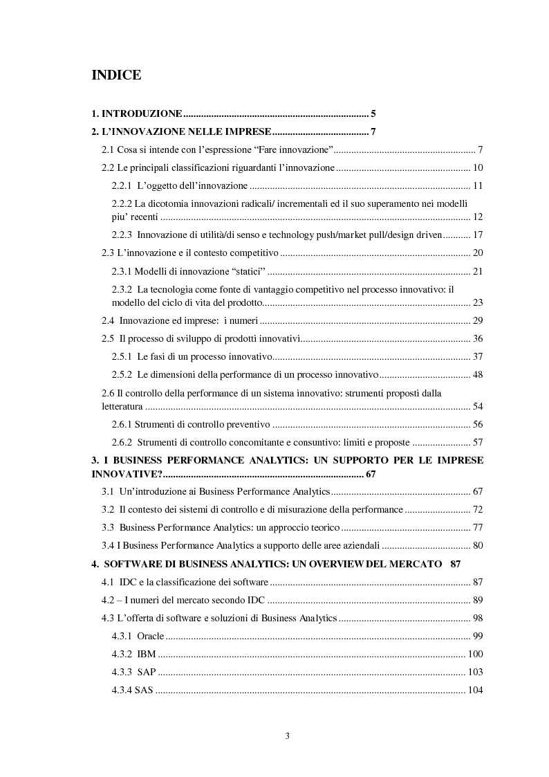 Indice della tesi: Il ruolo dei Business Performance Analytics nella gestione dell'innovazione, Pagina 1