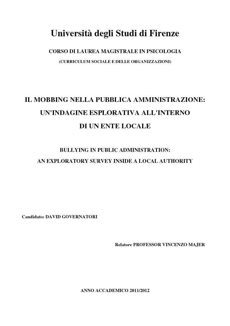 Anteprima della tesi: Il mobbing nella Pubblica Amministrazione: un'indagine esplorativa all'interno di un Ente Locale, Pagina 1