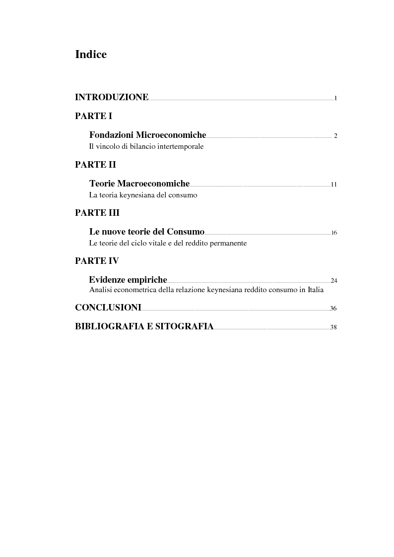 Indice della tesi: Scelte intertemporali del consumatore ed evidenze empiriche sul legame tra reddito e consumo, Pagina 1