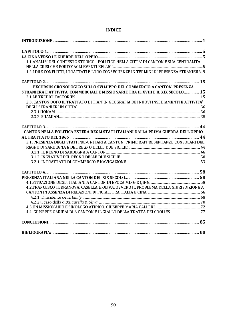 Indice della tesi: Presenza e attività degli italiani a Canton dalla prima guerra dell'Oppio al trattato di commercio e navigazione del 1866, Pagina 1