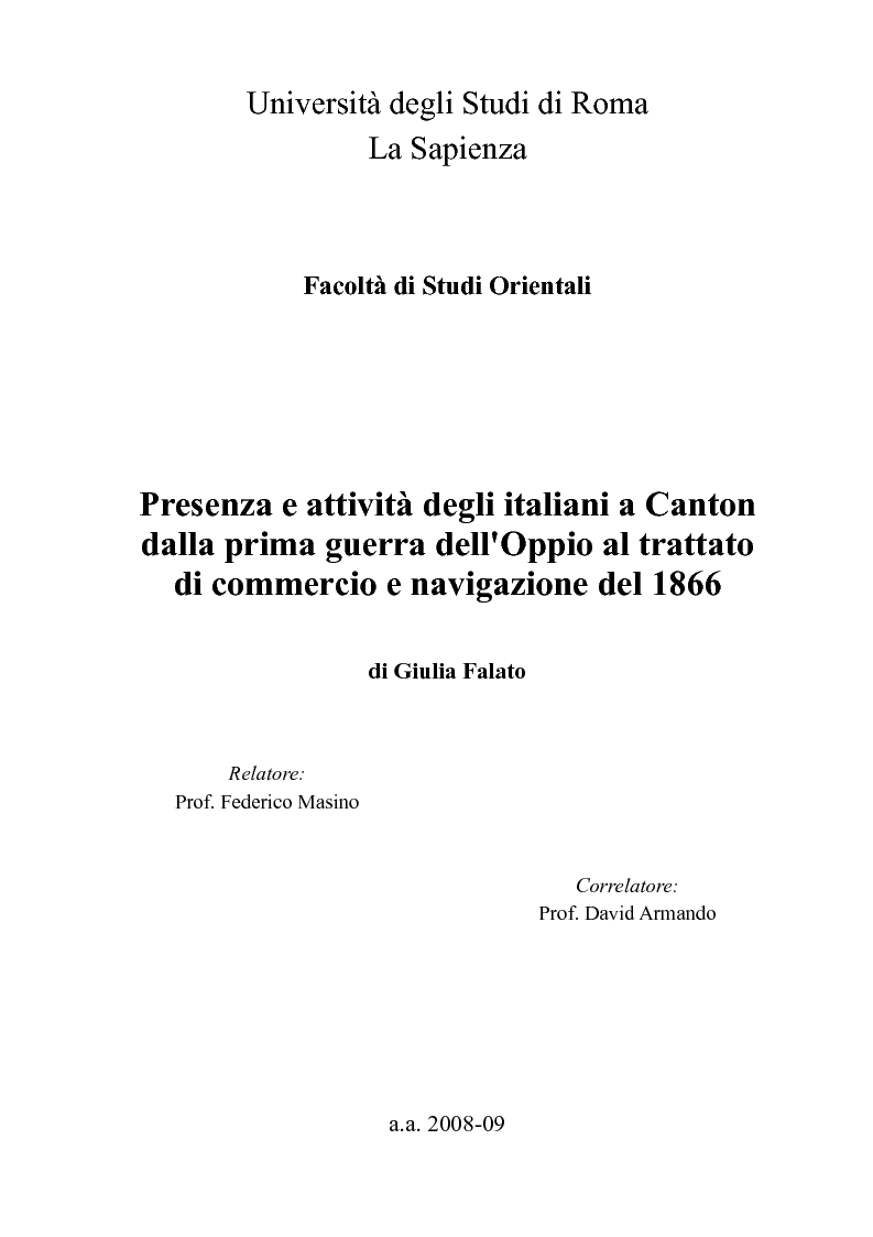 Anteprima della tesi: Presenza e attività degli italiani a Canton dalla prima guerra dell'Oppio al trattato di commercio e navigazione del 1866, Pagina 1
