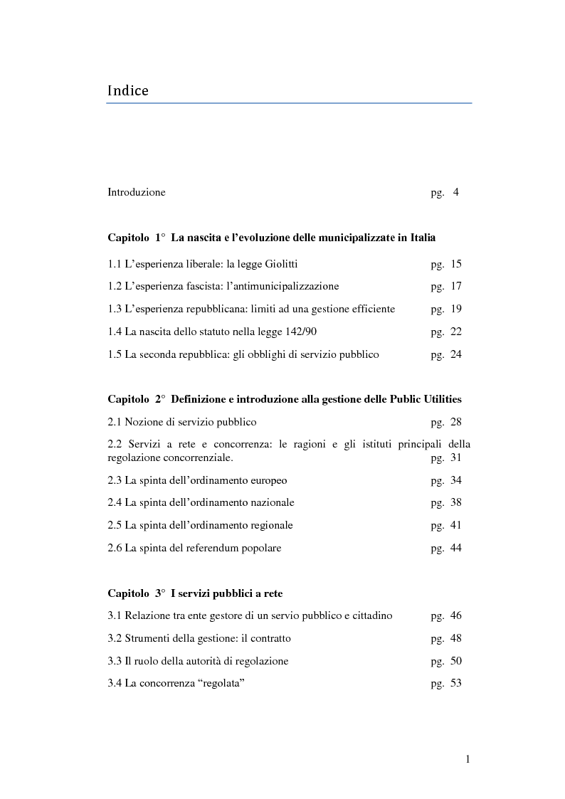 Indice della tesi: Privatizzazione e liberalizzazione dei servizi pubblici: un'analisi del caso CAFC S.p.A., Pagina 1