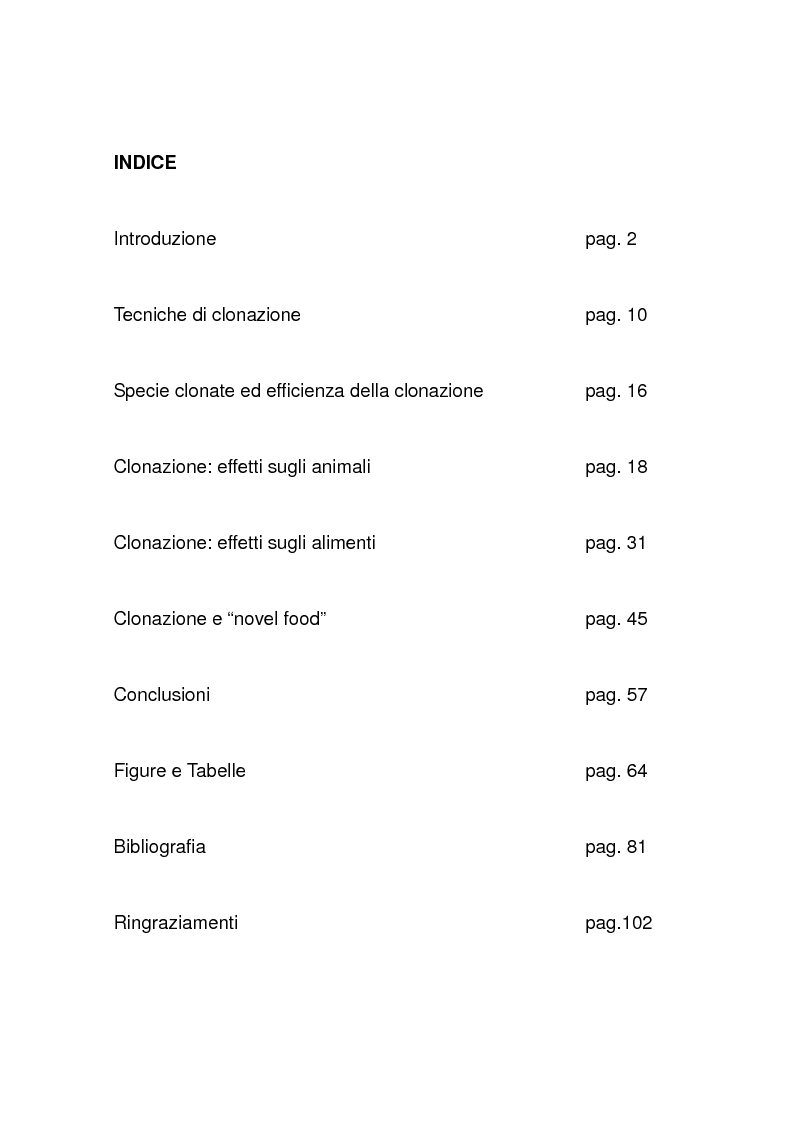 Indice della tesi: Clonazione animale e sicurezza alimentare, Pagina 1