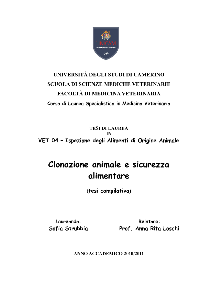 Anteprima della tesi: Clonazione animale e sicurezza alimentare, Pagina 1