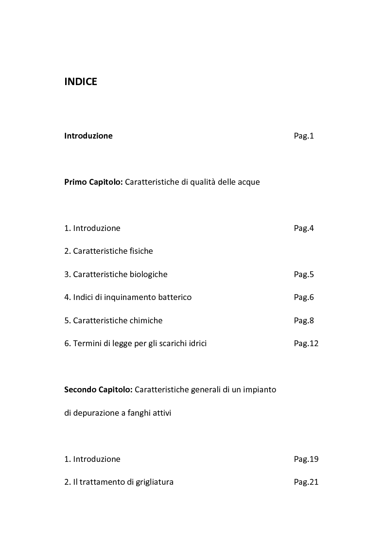 Indice della tesi: Aspetti gestionali di un impianto di depurazione di acque reflue civili, Pagina 1