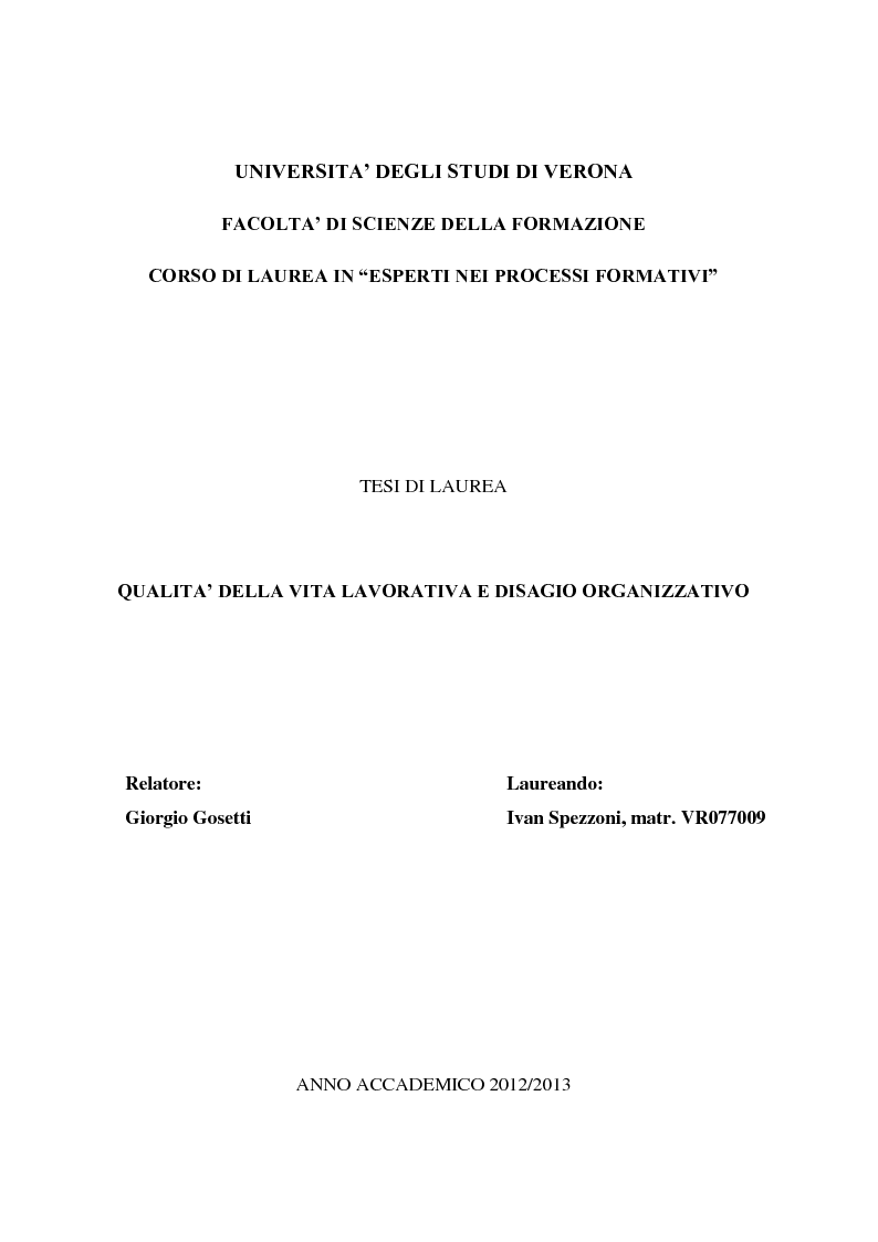 Anteprima della tesi: Qualità della vita lavorativa e disagio organizzativo, Pagina 1