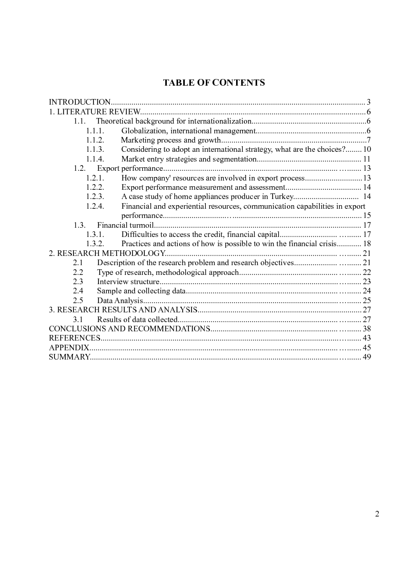 Indice della tesi: Impact of Global Financial Crisis on Exporting Strategies in Italian Home Appliances Industry, Pagina 1
