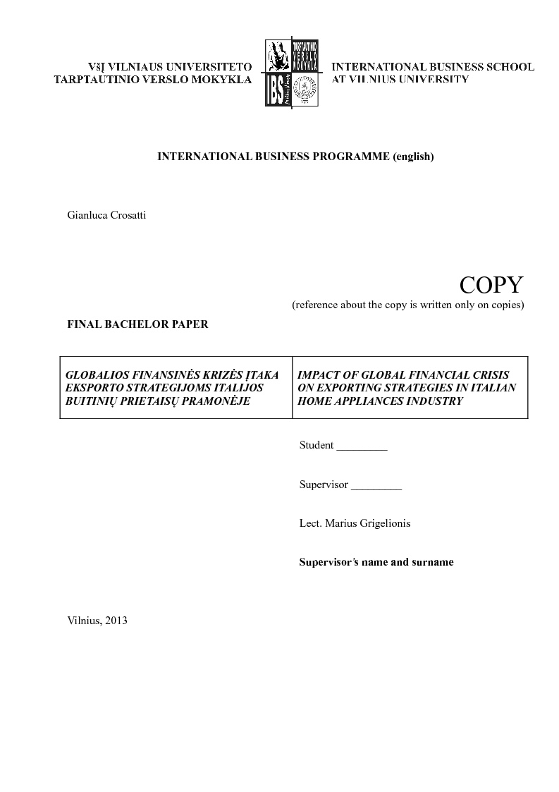 Anteprima della tesi: Impact of Global Financial Crisis on Exporting Strategies in Italian Home Appliances Industry, Pagina 1