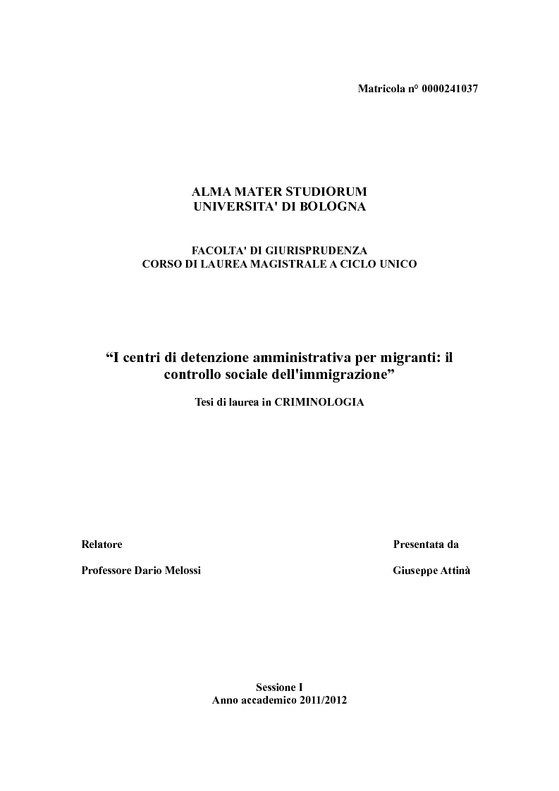 Anteprima della tesi: I centri di detenzione amministrativa per migranti: il controllo sociale dell'immigrazione, Pagina 1