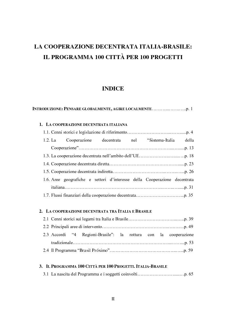 Indice della tesi: La cooperazione decentrata tra Italia e Brasile. Il programma 100 città per 100 progetti, Pagina 1