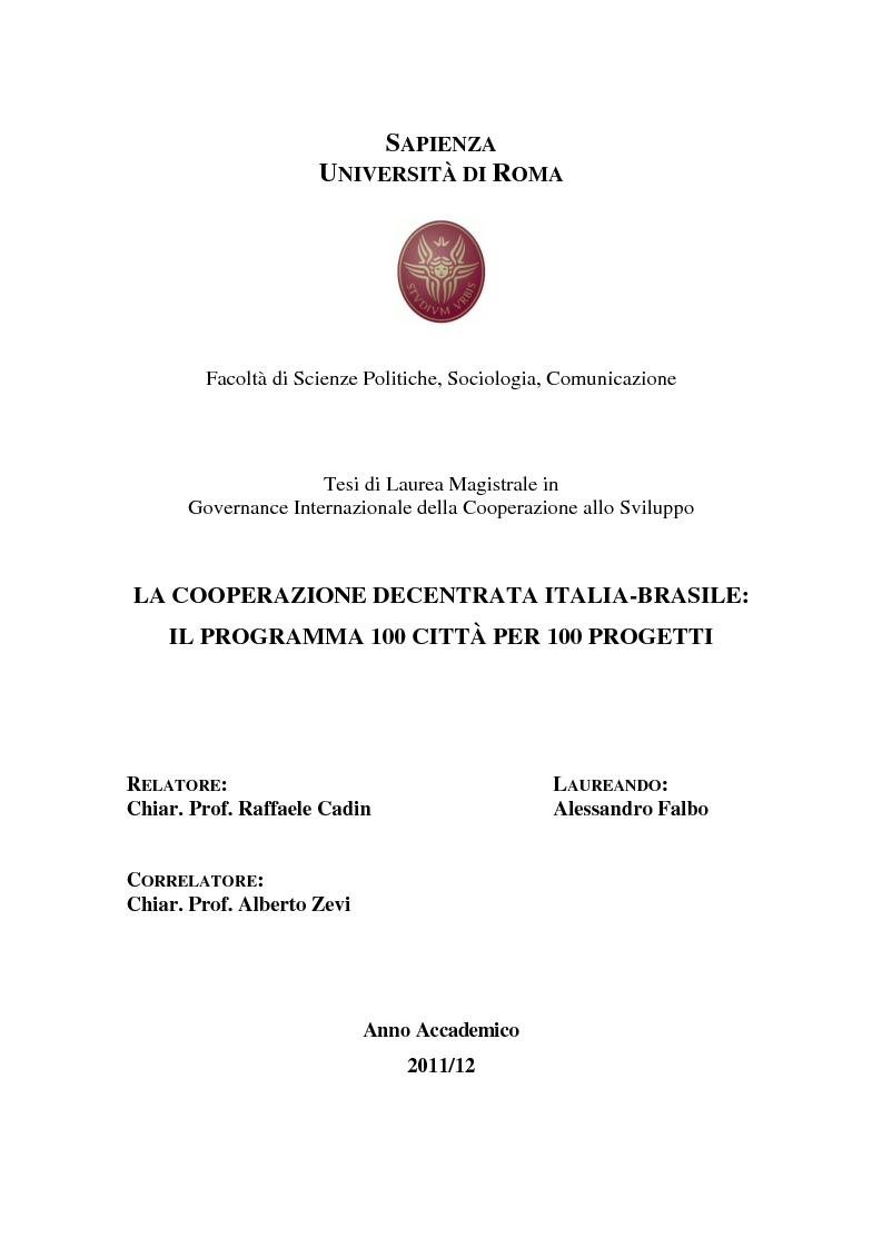 Anteprima della tesi: La cooperazione decentrata tra Italia e Brasile. Il programma 100 città per 100 progetti, Pagina 1
