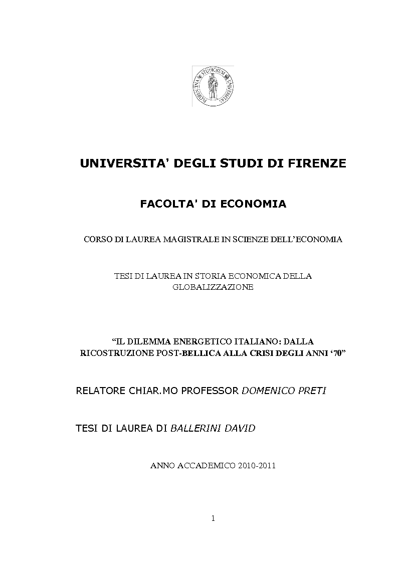 Anteprima della tesi: Il dilemma energetico italiano: dalla ricostruzione post-bellica alla crisi degli anni '70, Pagina 1
