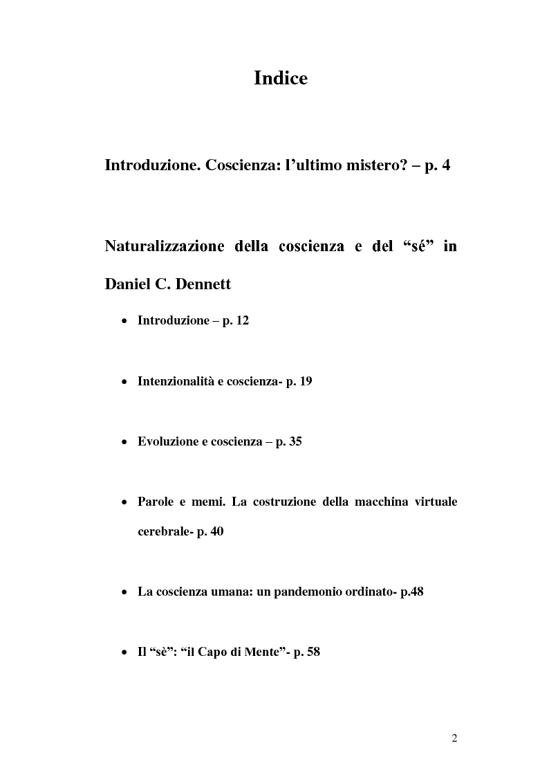 Indice della tesi: Naturalizzazione della coscienza e del sé in Daniel Dennett e nei coniugi Churchland, Pagina 1