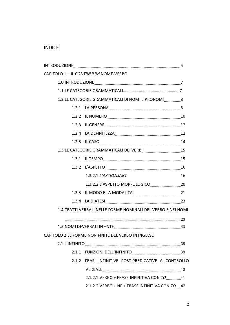 Indice della tesi: Le forme non finite del verbo in inglese: aspetti sintattici, semantici e pragmatici, Pagina 1