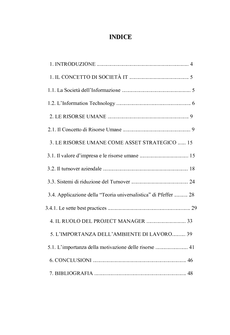 Indice della tesi: Il valore delle risorse umane nelle società IT, Pagina 1