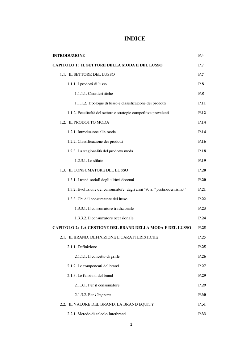Indice della tesi: Strategie di branding e scelte distributive nel settore del lusso: Il caso Aeffe, Pagina 1