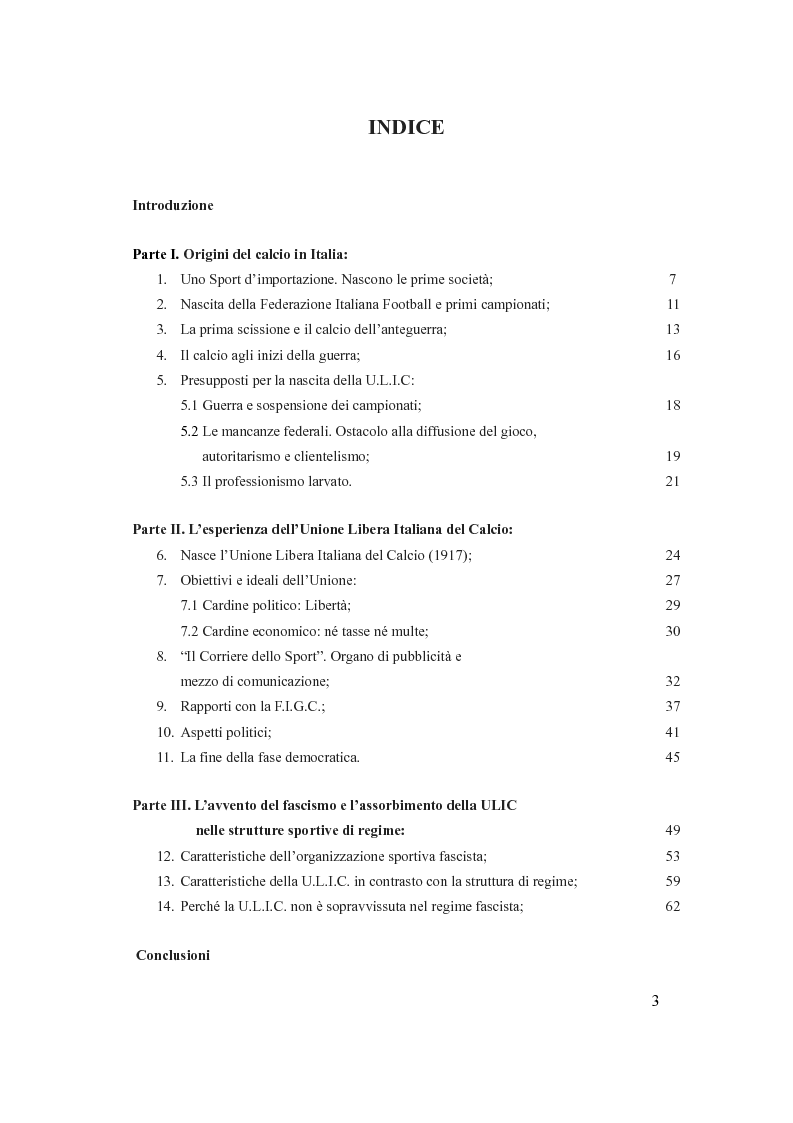 Indice della tesi: L’Esperienza dell’Unione Libera Italiana del Calcio e il football in Italia prima del fascismo, Pagina 1