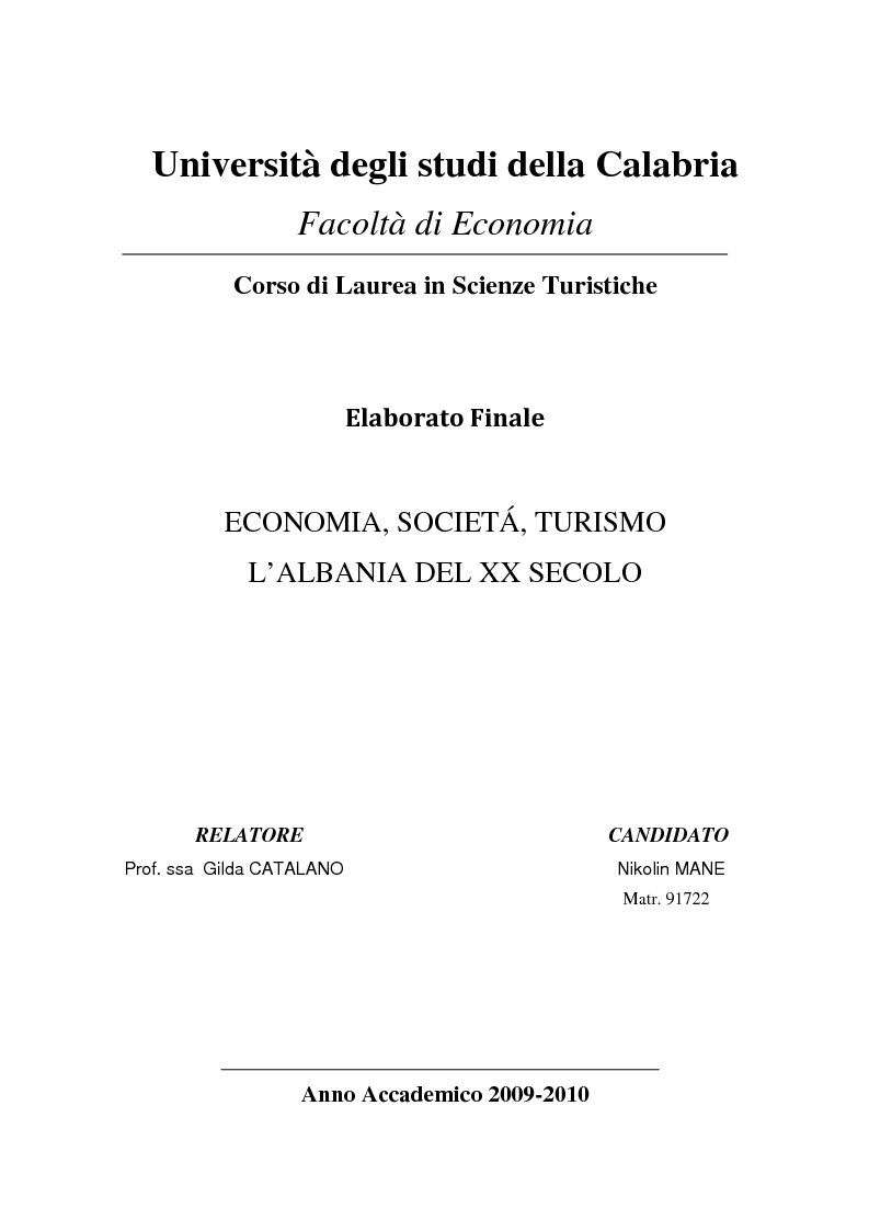 Anteprima della tesi: Economia, Societa, Turismo. L'Albania del XX Secolo, Pagina 1