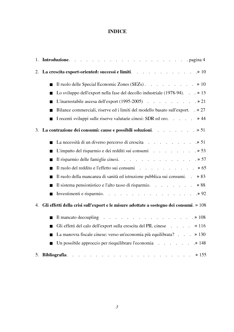 Indice della tesi: Il cambiamento dell'economia cinese: dall'export ai consumi, Pagina 1