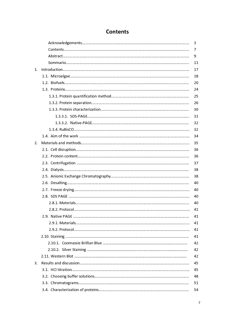 Indice della tesi: Protein separation and characterization from Neochloris Oleoabundans, Pagina 1