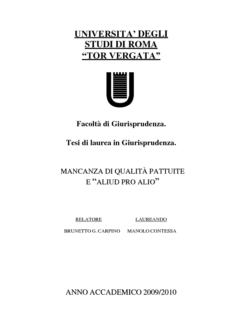 Anteprima della tesi: Mancanza delle qualità pattuite ed ''aliud pro alio'', Pagina 1