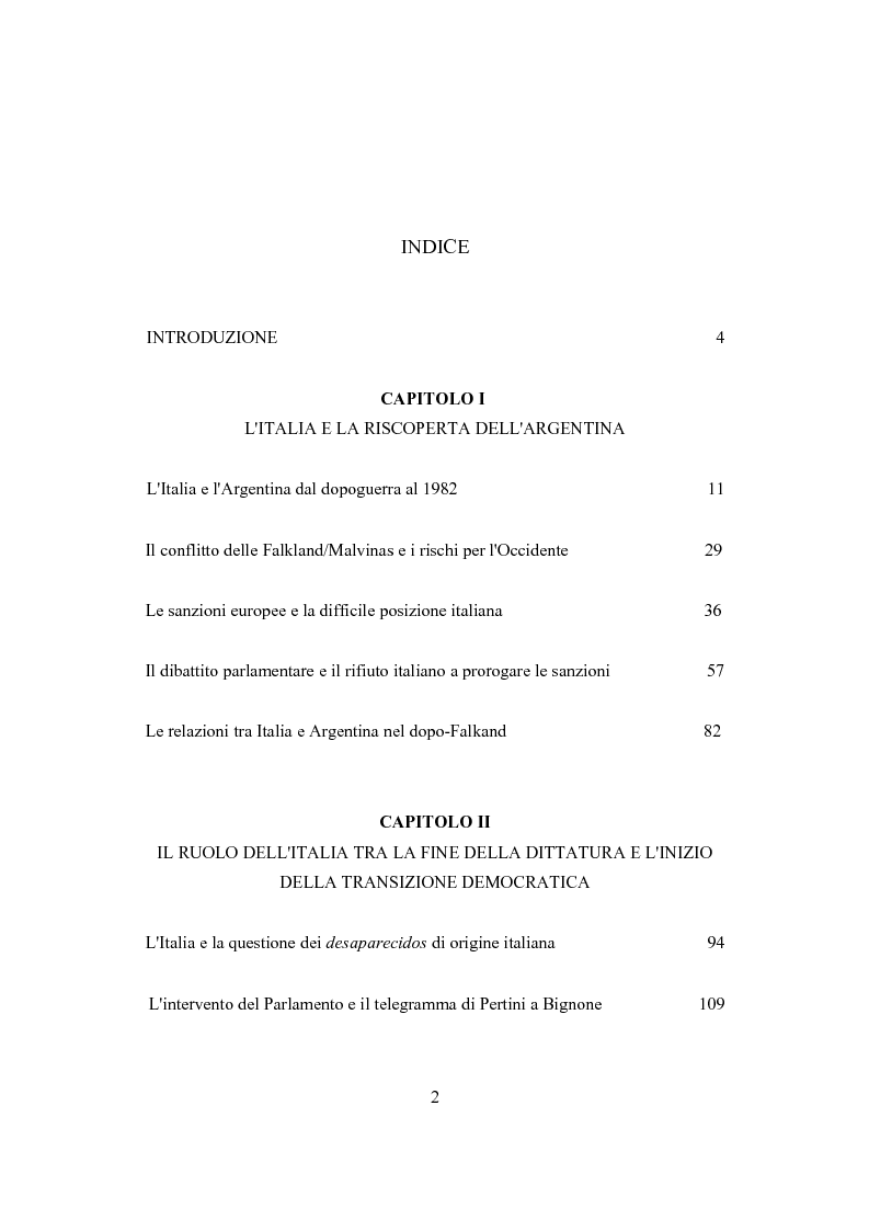 Indice della tesi: I rapporti tra Italia e Argentina dalla fine della dittatura fino al Gran Trattato del 1987, Pagina 1