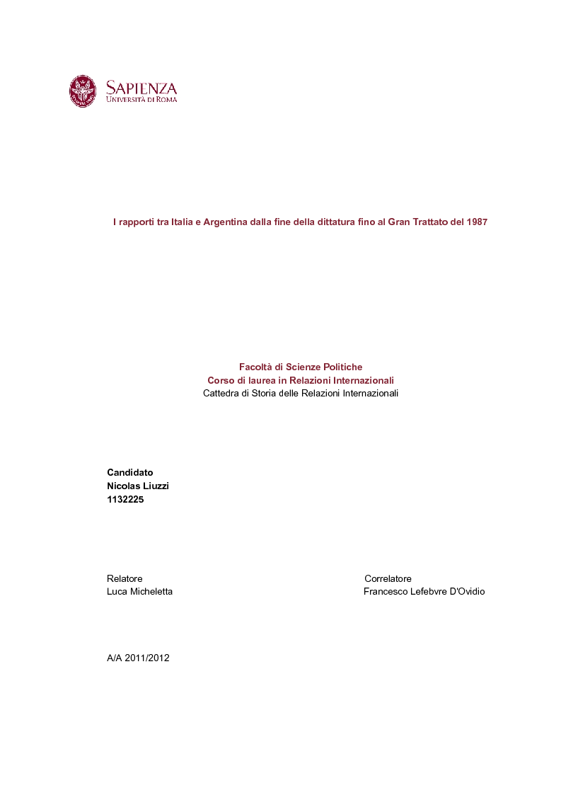 Anteprima della tesi: I rapporti tra Italia e Argentina dalla fine della dittatura fino al Gran Trattato del 1987, Pagina 1