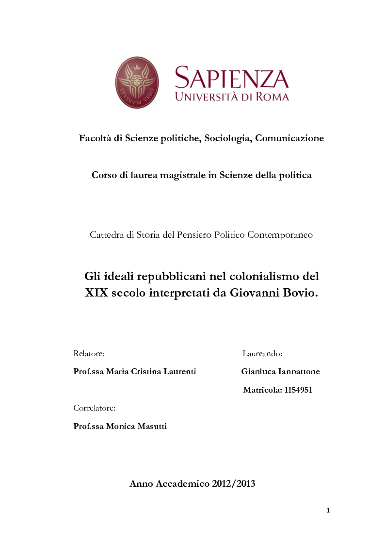 Anteprima della tesi: Gli ideali repubblicani nel colonialismo del XIX secolo interpretati da Giovanni Bovio, Pagina 1