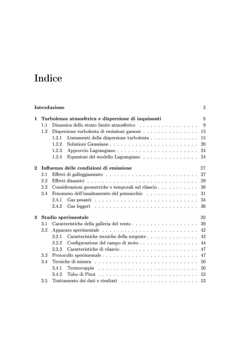 Indice della tesi: Dinamica di un'emissione gassosa in atmosfera - Studio sperimentale e numerico del fenomeno di innalzamento del pennacchio, Pagina 1