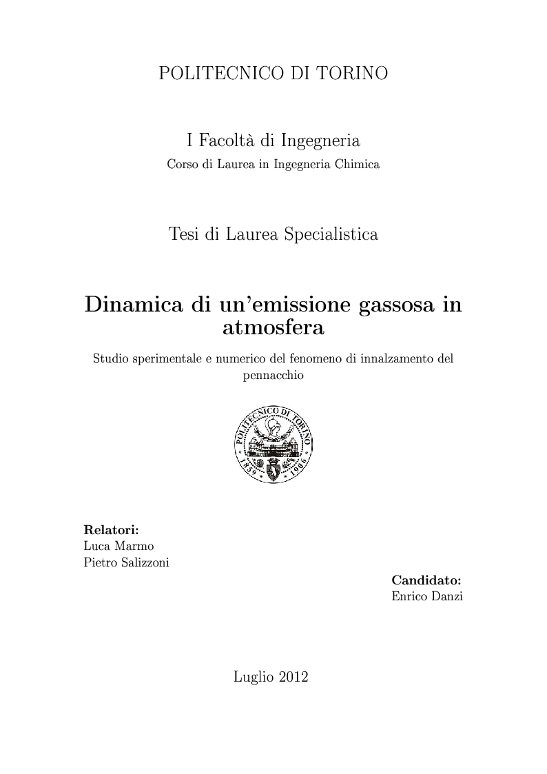 Anteprima della tesi: Dinamica di un'emissione gassosa in atmosfera - Studio sperimentale e numerico del fenomeno di innalzamento del pennacchio, Pagina 1