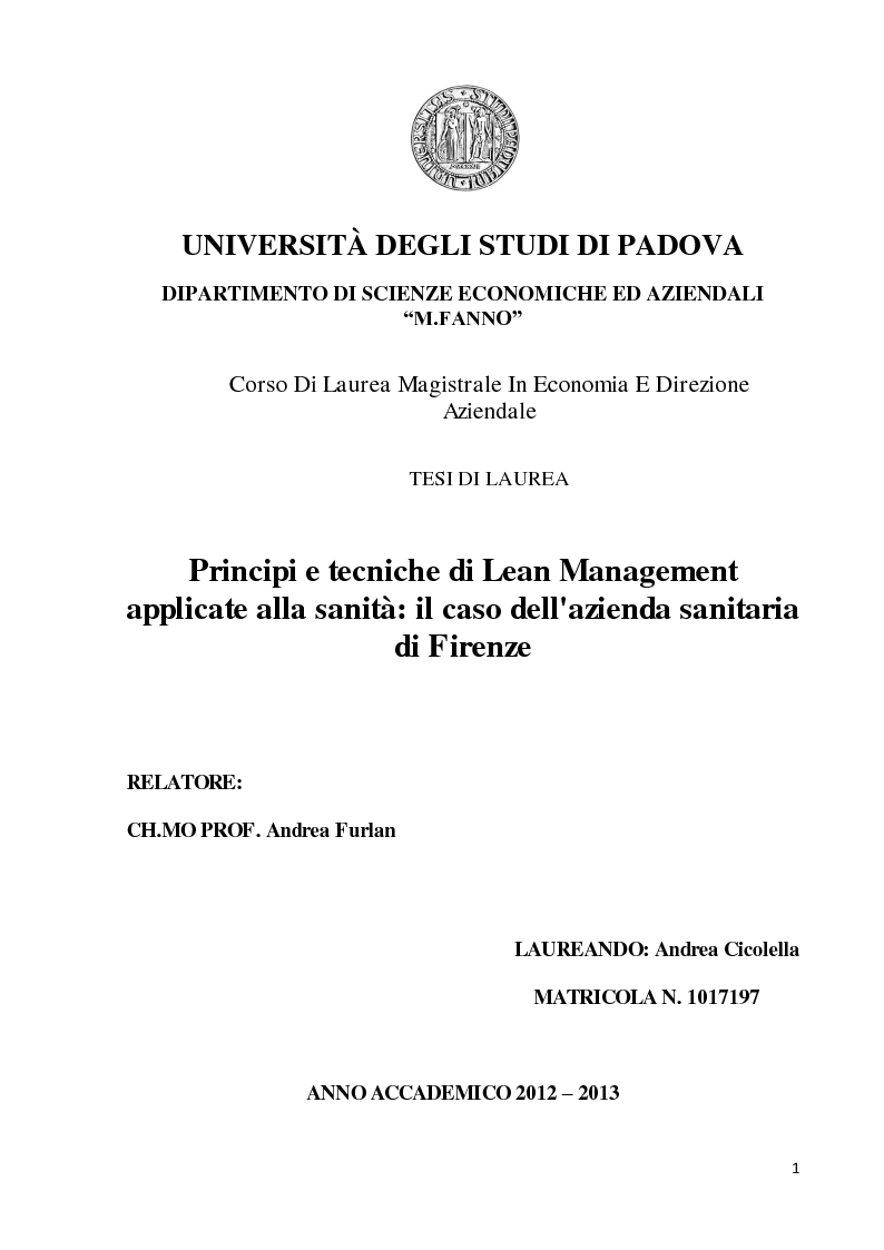 Anteprima della tesi: Principi e tecniche di Lean Management applicate alla sanità: il caso dell'azienda sanitaria di Firenze, Pagina 1