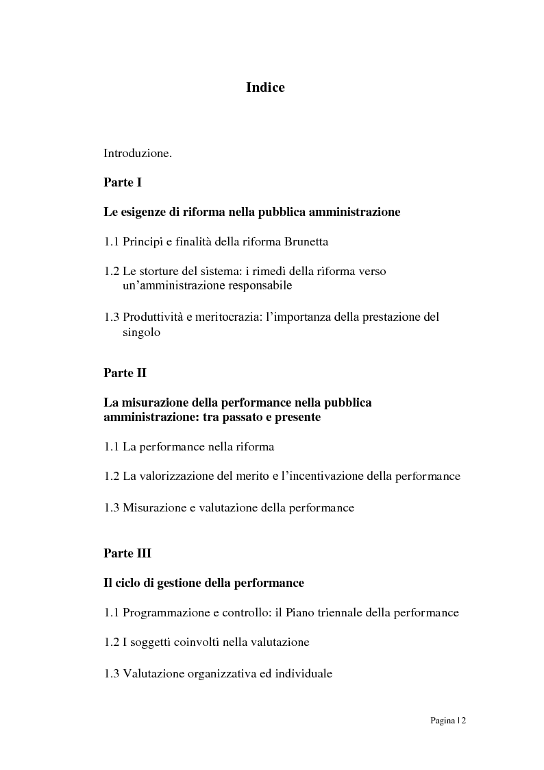 Indice della tesi: Riforma Brunetta: valutazione della performance nella Pubblica Amministrazione, Pagina 1