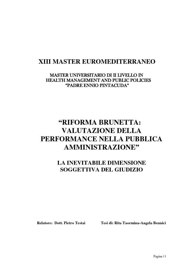 Anteprima della tesi: Riforma Brunetta: valutazione della performance nella Pubblica Amministrazione, Pagina 1