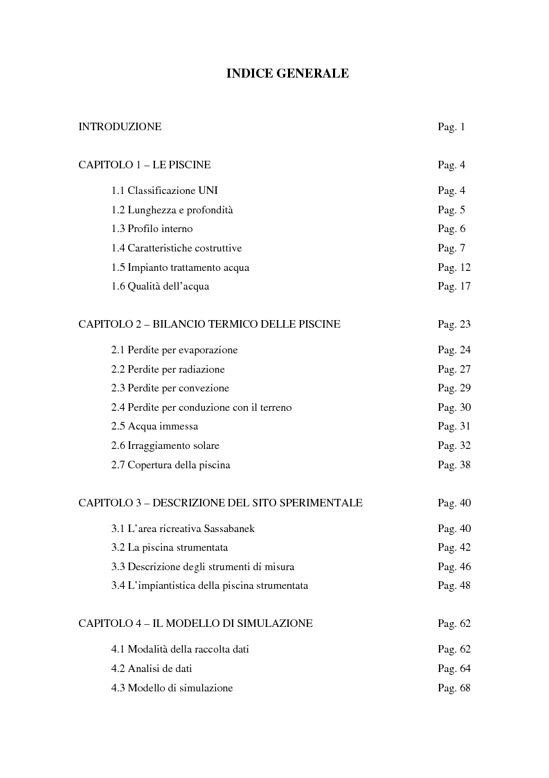 Indice della tesi: Comportamento termico delle piscine: indagine sperimentale e simulazione numerica, Pagina 1