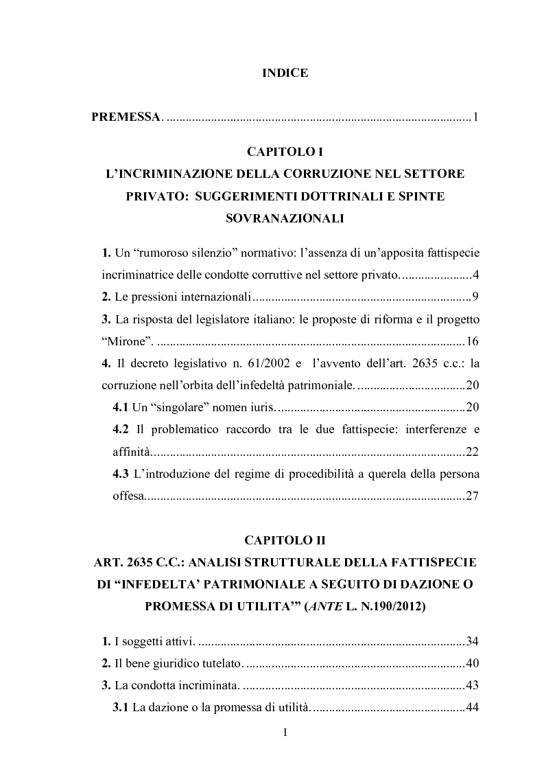 Indice della tesi: La corruzione tra privati, Pagina 1