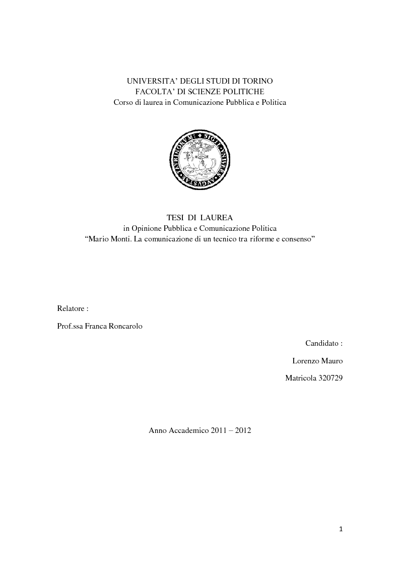 Anteprima della tesi: Mario Monti, la comunicazione di un tecnico tra riforme e consenso, Pagina 1