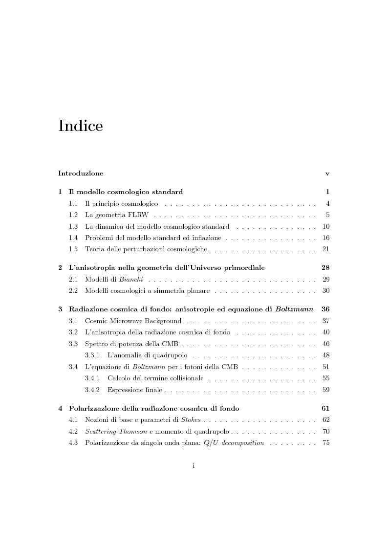 Indice della tesi: Universo anisotropo e polarizzazione della radiazione cosmica di fondo, Pagina 1