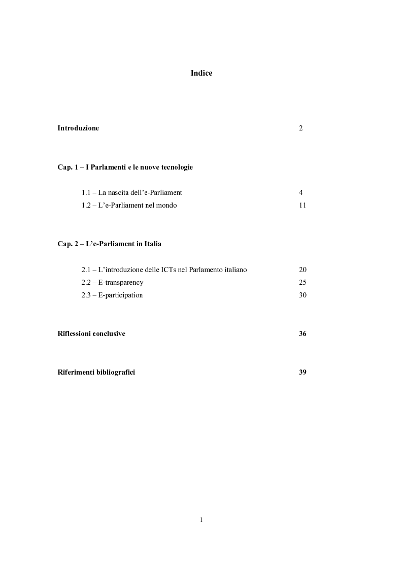 Indice della tesi: l'e-Parliament: l'impatto delle ICTs sulle funzioni del Parlamento italiano, Pagina 1