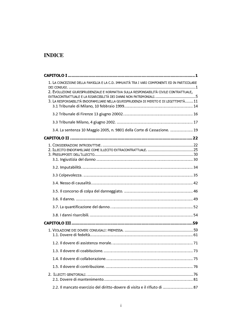 Indice della tesi: Illeciti endofamiliari tra dogmatica giuridica e coscienza sociale, Pagina 1