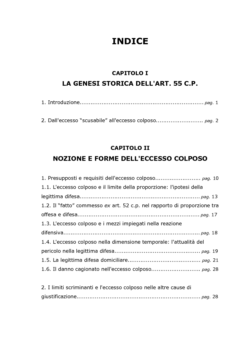 Indice della tesi: L'eccesso colposo nelle cause di giustificazione, Pagina 1