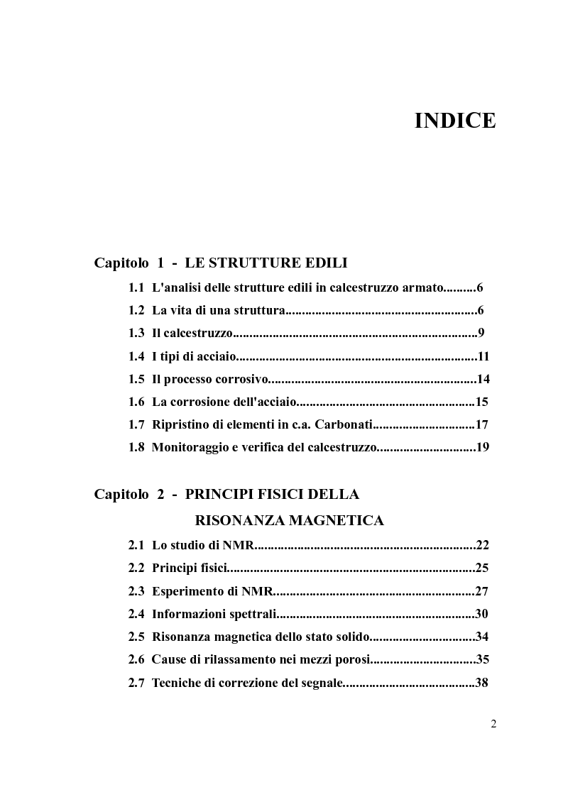 Indice della tesi: Studio di sistemi NMR per applicazioni petrografiche nella verifica strutturale delle opere edili, Pagina 1
