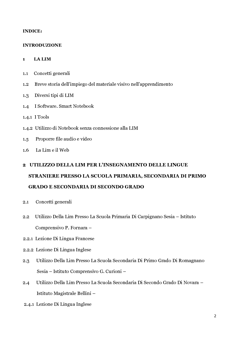 Indice della tesi: L'utilizzo della LIM per l'insegnamento delle lingue straniere, Pagina 1