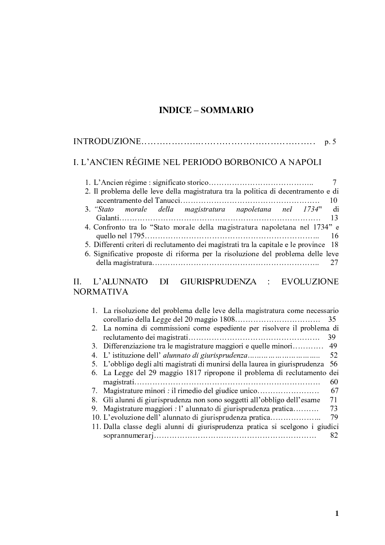 Indice della tesi: Criteri di reclutamento dei magistrati nel regno di Napoli durante il periodo borbonico, Pagina 1