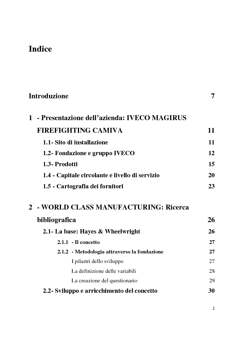 Indice della tesi: Applicazione delle pratiche World Class Manufacturing. Il caso Iveco Magirus Firefighting Camiva, Pagina 1