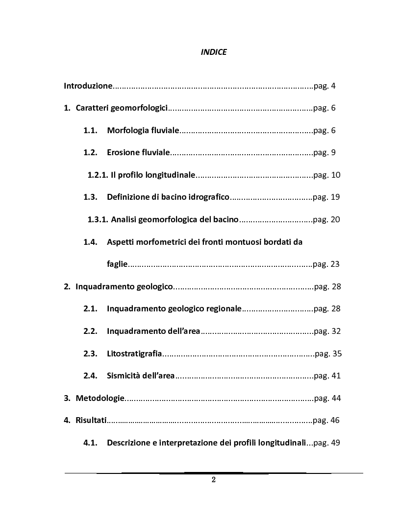 Indice della tesi: Aspetti morfometrici della Valle dell'Ofanto presso Lioni (AV), Pagina 1